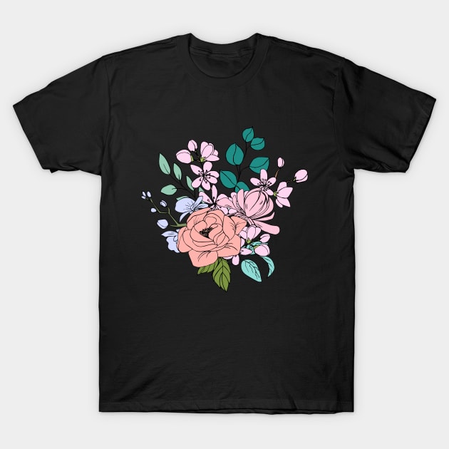 Colorful Line Art Flower bouquet In Pastel Colors T-Shirt by ArunikaPrints